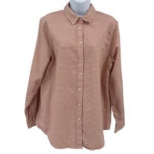 Lands' End Shirt Women M Brown Pink Stripe Button Up Long Sleeve Collared Casual